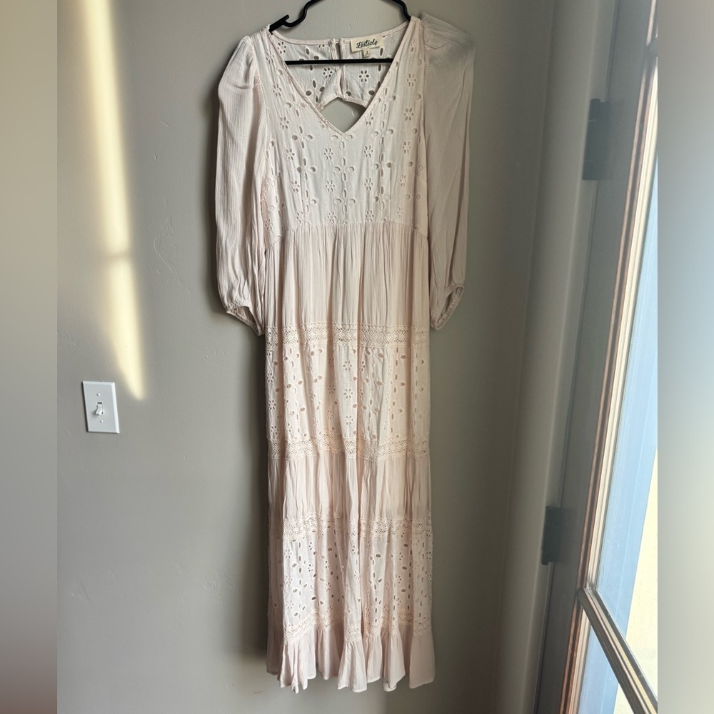 Listicle Soft Boho Eyelet Maxi Dress Cottagecore Tiered Open Back Pastel S